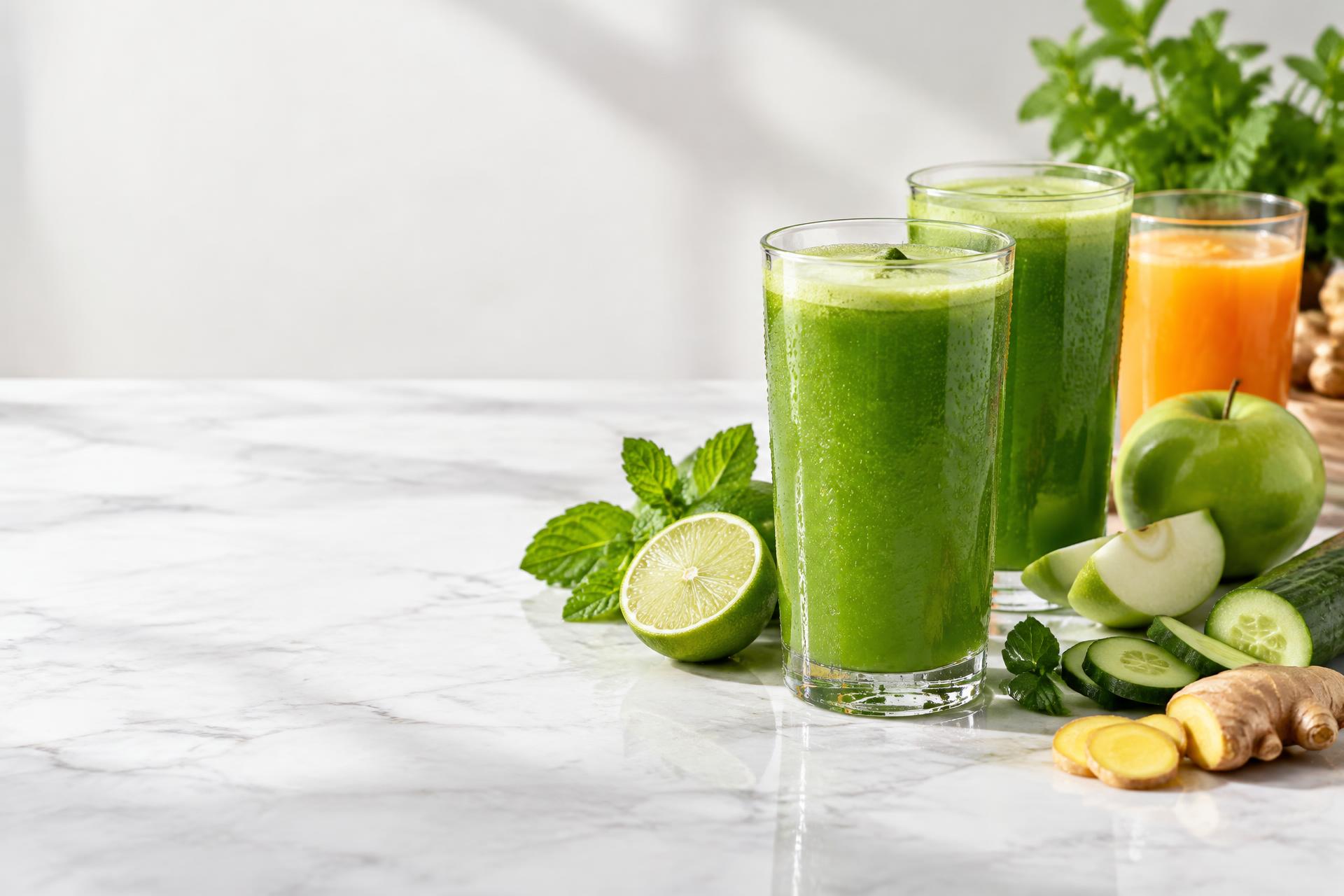 Suco verde fresco com limão, maçã, hortelã e gengibre
