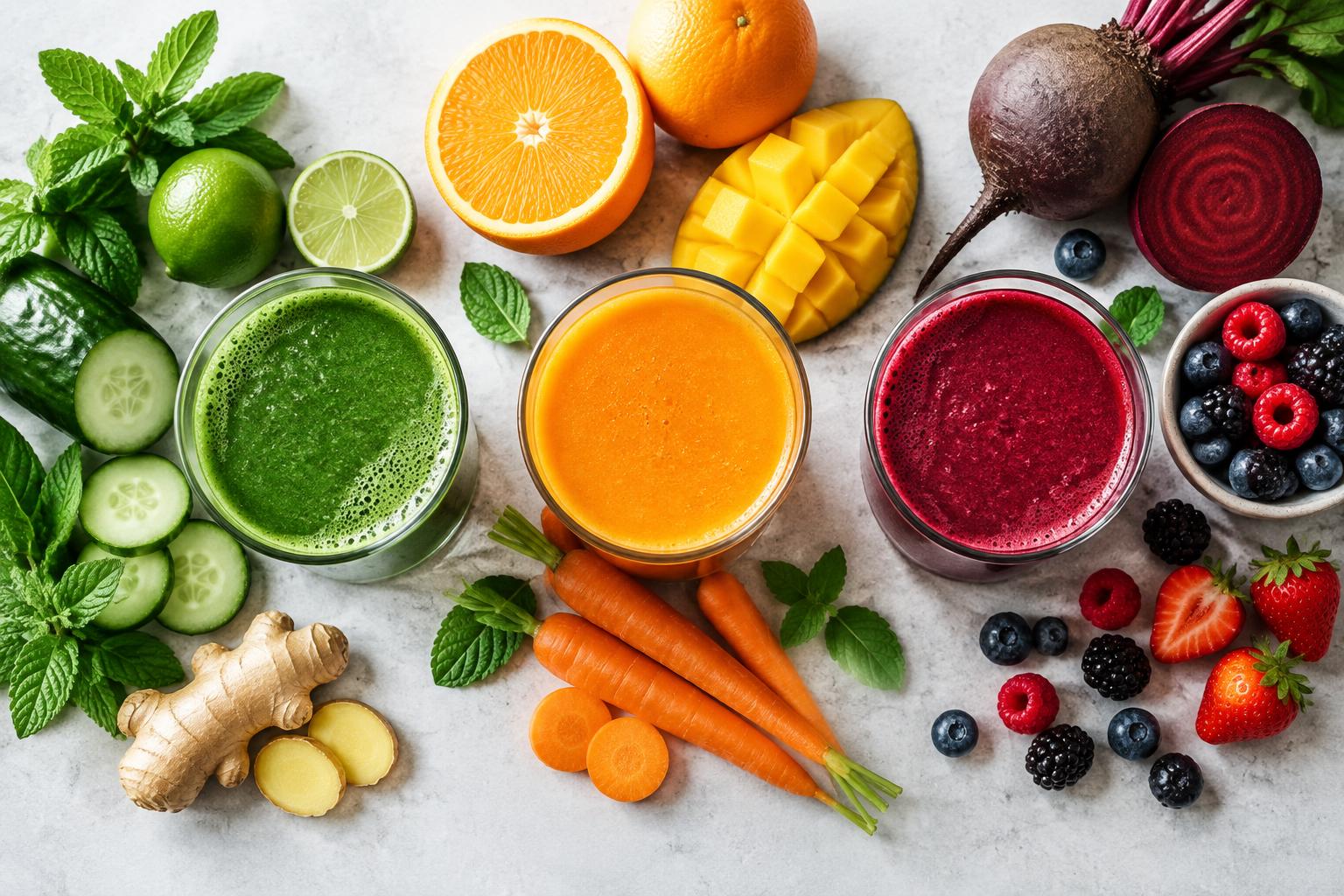 Sucos frescos com frutas e vegetais